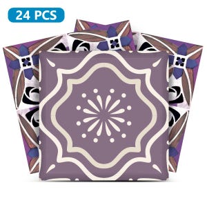 May include: A pack of 24 purple and white patterned tile stickers. The stickers feature a geometric design with a white flower in the center.