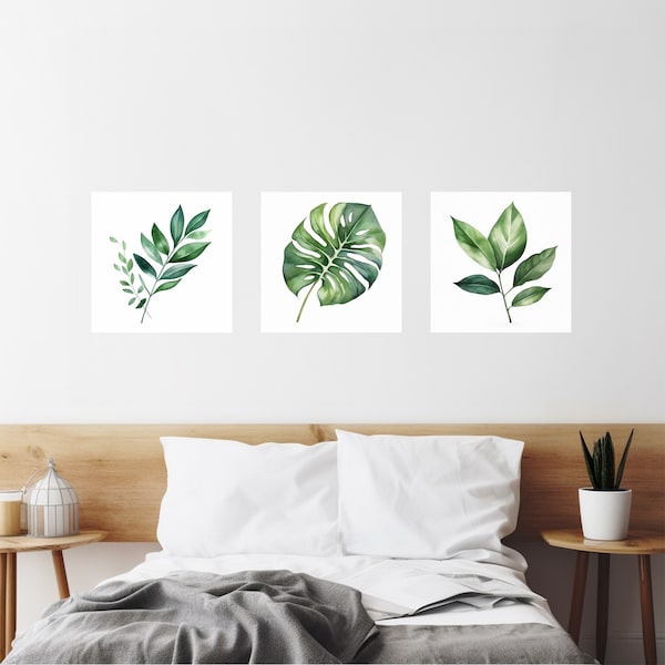 Wall Art Plant Wall Decor for Bathroom 10x10 InchWall Vinyl Decal Green Leaf Plant Prints, Set of 3