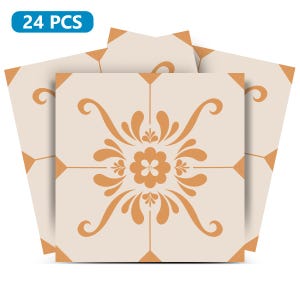 May include: A pack of 24 peel and stick tile stickers. The stickers feature a beige background with a brown floral design.