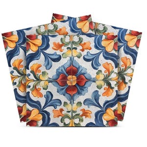 May include: Three square ceramic tiles with a floral pattern. The tiles are white with blue, red, yellow, and green floral designs.