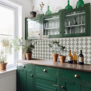 May include: A green kitchen cabinet with glass-fronted upper cabinets and a wooden countertop. The cabinets are filled with glass jars and bottles. Potted plants and decorative bottles are arranged on the countertop and shelves.