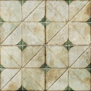 May include: A repeating tile pattern with a four-leaf clover design. The tiles have a distressed, aged look with beige, green, and brown hues. The symmetrical pattern creates a visually interesting surface. Each tile is approximately 20 cm x 20 cm.