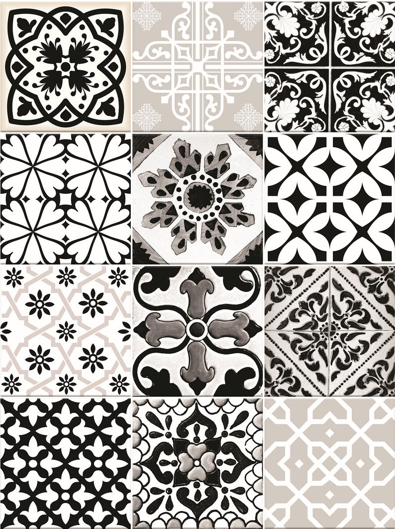 Black & White Tiles Decals Bathroom Stickers Set Mixed Tiles Etsy