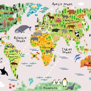 ENORM! Kaart van de wereld speelkamer sticker wereldkaart muurstickers kinderkaart slaapkamer stickers speelkamer stickers jongens muursticker dierenwereldkaart W202