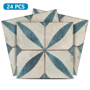 Puede incluir: Un conjunto de 24 pegatinas de azulejos autoadhesivas con un patrón geométrico en colores azul y blanco. Los azulejos tienen un aspecto desgastado y son perfectos para añadir un toque de estilo vintage a cualquier espacio.