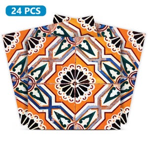 May include: 24 decorative tile stickers featuring a colorful geometric pattern with orange, blue, green, black, and white colors. The pattern resembles traditional Portuguese tiles.