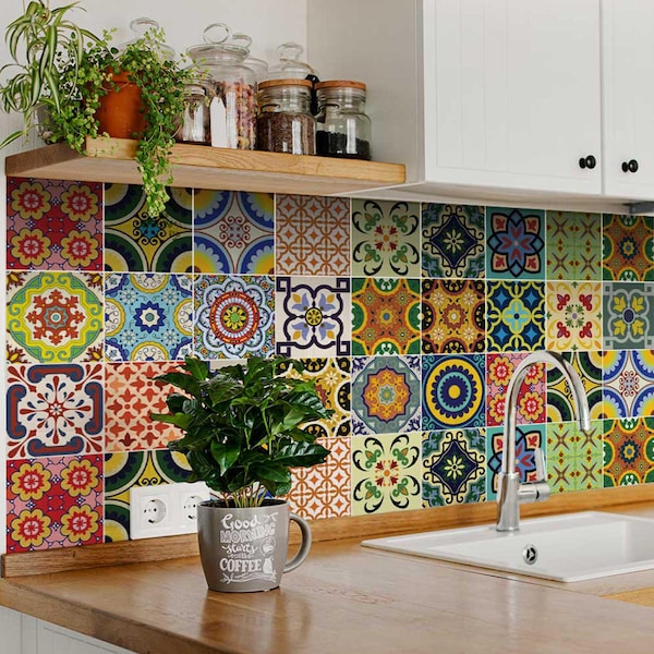 Splashback 24 tile stickers Mexican tile stickers mixed for walls Kitchendecals  bathroom Stair decals C