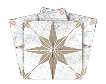 May include: Three beige and white ceramic tiles with a distressed finish. Each tile features a large, eight-pointed star design in a contrasting color.