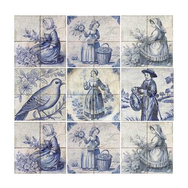 Set of 24 Stick on tiles Backsplash, Delft Tiles Peel and Stick vinyl Decals Tiles by AlegriaM