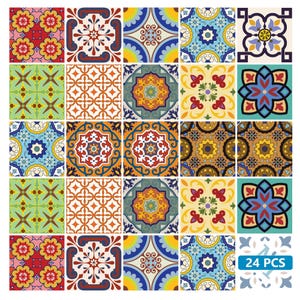 Set of 24 tile stickers Back splash Talavera style stickers mixed for walls Kitchen bathroom Stair decals C400