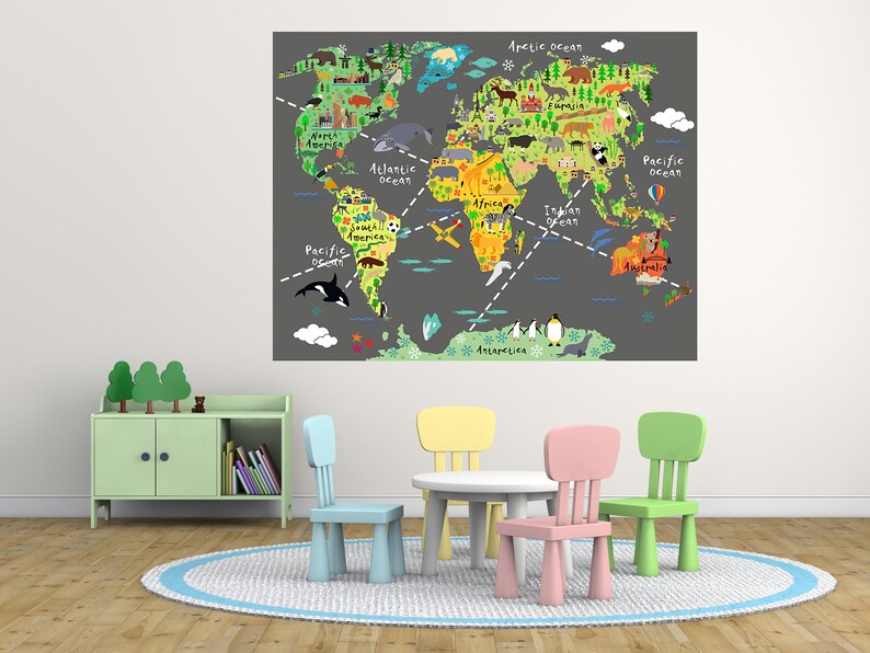HUGE Boys Room Map of the World Playroom Decal World Map Wall Etsy