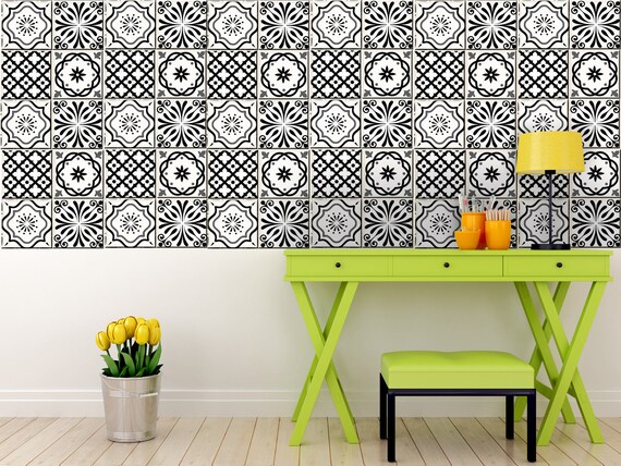 24 PCS Black/&White Tiles Sticker Patters Kitchen Decals Bathroom decals SB15