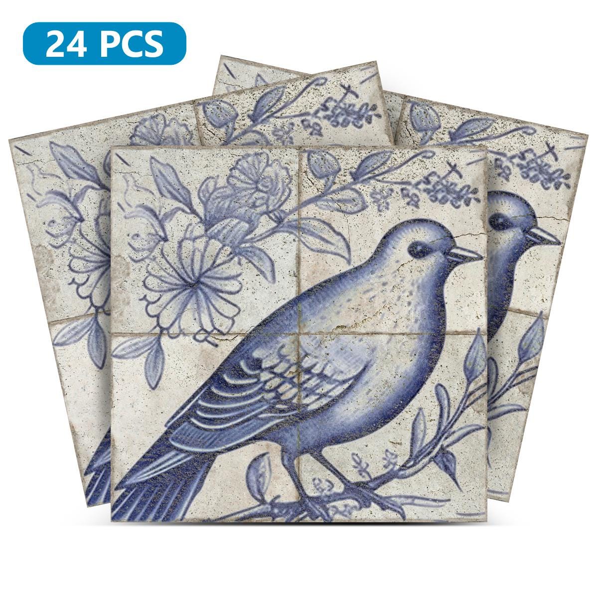 Delft Bird Blue Vintage Peel And Stick Tile Stickers Decor Authentic Design Model D24