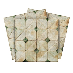 May include: A collection of square tiles with a vintage aesthetic. Each tile features a repeating pattern of diagonal lines and curved edges, with a color palette of beige, green, and brown. The tiles are arranged in a fan-like display.
