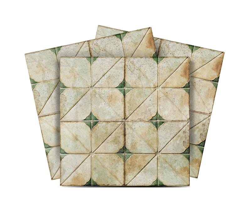 May include: A collection of square tiles with a vintage aesthetic. Each tile features a repeating pattern of diagonal lines and curved edges, with a color palette of beige, green, and brown. The tiles are arranged in a fan-like display.
