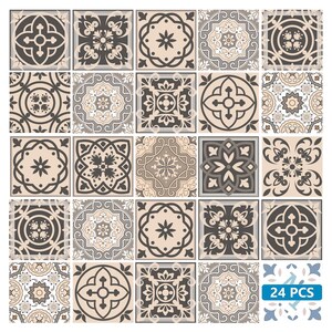 May include: Set of 24 peel and stick tile decals featuring a geometric pattern in shades of brown, beige, and white. The decals are designed to look like traditional ceramic tiles and can be used to decorate walls, floors, or furniture.