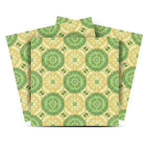 May include: Stacked square decorative tiles with a repeating floral pattern in shades of green and gold. The design features symmetrical, circular motifs and a cream-colored background. The tiles are arranged to show the pattern on the sides and top.