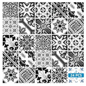 Black and white design 24 tile stickers Mexican Talavera style Splashback stickers mixed for walls Kitchen decals bathroom Stair decals V18