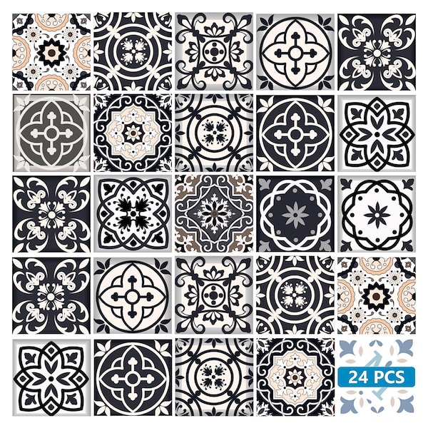 Black and white design 24 tile stickers Mexican Talavera style Splashback stickers mixed for walls Kitchen decals bathroom Stair decals SB25