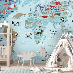 Wallpapers Map of the World wall Decal World Map for Kids Wall Mural wallpaper peel and stick removable roll mural custom size W214