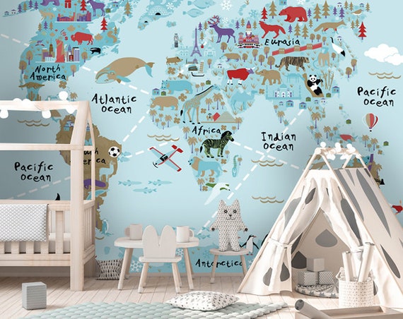 World Map Wallpaper Kids Room Decor Playroom Animal Map Wall Art Kid World  Map Decal Nursery World Map Mural Peel N Stick Baby Shower Gift 