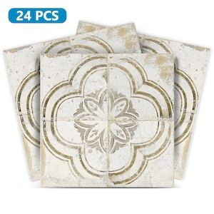 May include: 24 peel and stick tile stickers featuring a white background with a brown floral pattern. The tiles are arranged in a stack of three.
