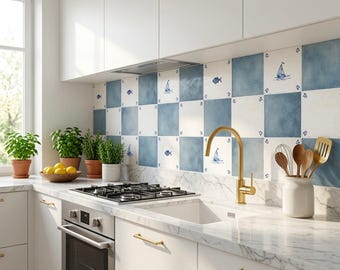 Delft tile Vintage Mixed pattern Peel And Stick Tile Stickers delft tile fireplace surround Kitchen Tile Trends Fish Boat