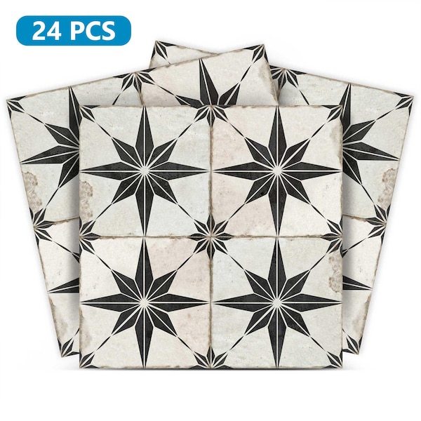 May include: A set of 24 peel and stick tile stickers featuring a black and white starburst pattern. The stickers are designed to look like vintage ceramic tiles.