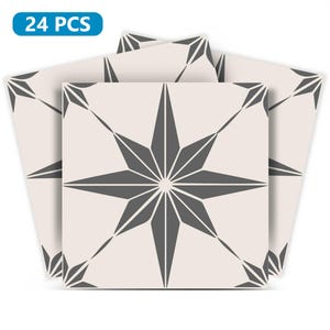 May include: A pack of 24 peel and stick tile stickers featuring a gray starburst design on a white background.