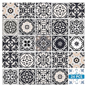May include: Set of 24 black and white patterned tile stickers. The stickers feature intricate geometric designs with floral motifs.