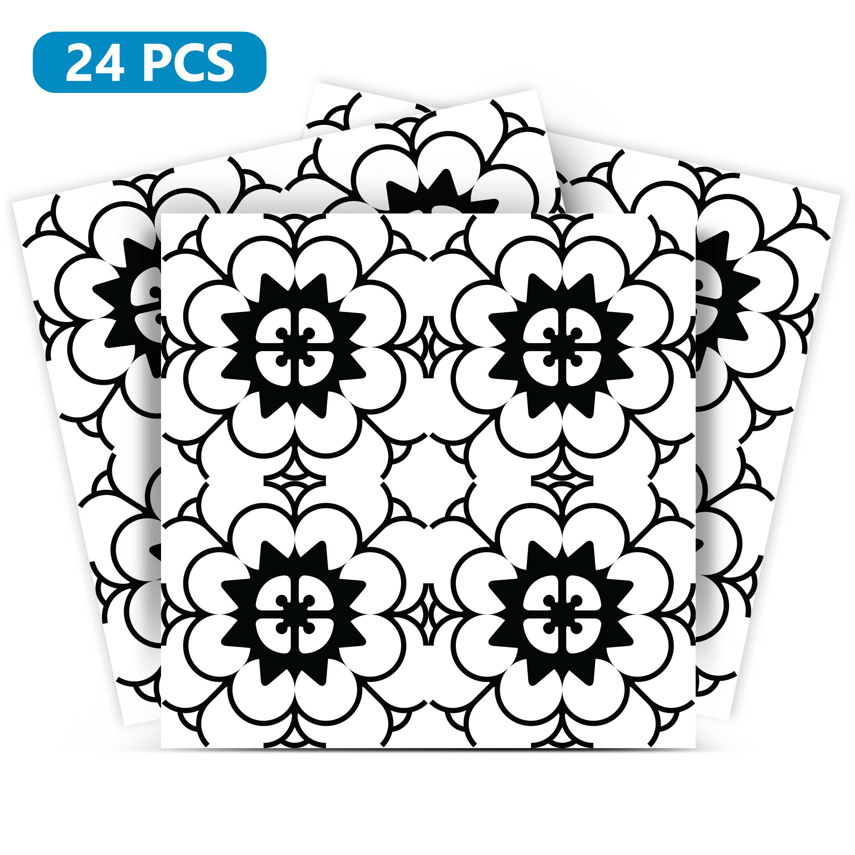 Set Of 24 Tiles Decals Black & White Home Design Decoration Stickers Mexican Tile Decal Kitchen Bathroom Bkw1