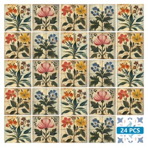 Könnte beinhalten: Ein Set mit 24 dekorativen Keramikfliesen mit einem Vintage-Blumendesign. Jede Fliese zeigt eine andere Anordnung von Blumen in Rot-, Gelb-, Blau- und Grüntönen. Die Fliesen sind perfekt, um jedem Raum einen Hauch von Vintage-Charme zu verleihen.