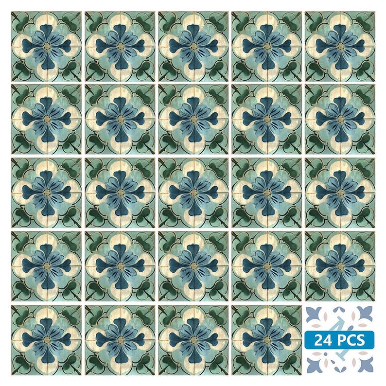 Puede incluir: 24 pegatinas de azulejos con estampado azul y verde. Cada pegatina presenta un dise&ntilde;o floral estilizado sobre un fondo blanco.