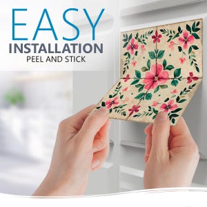 May include: A set of peel and stick tile decals with a floral pattern. The decals are easy to install and feature pink flowers and green leaves on a beige background. The text "EASY INSTALLATION PEEL AND STICK" is visible in the image.