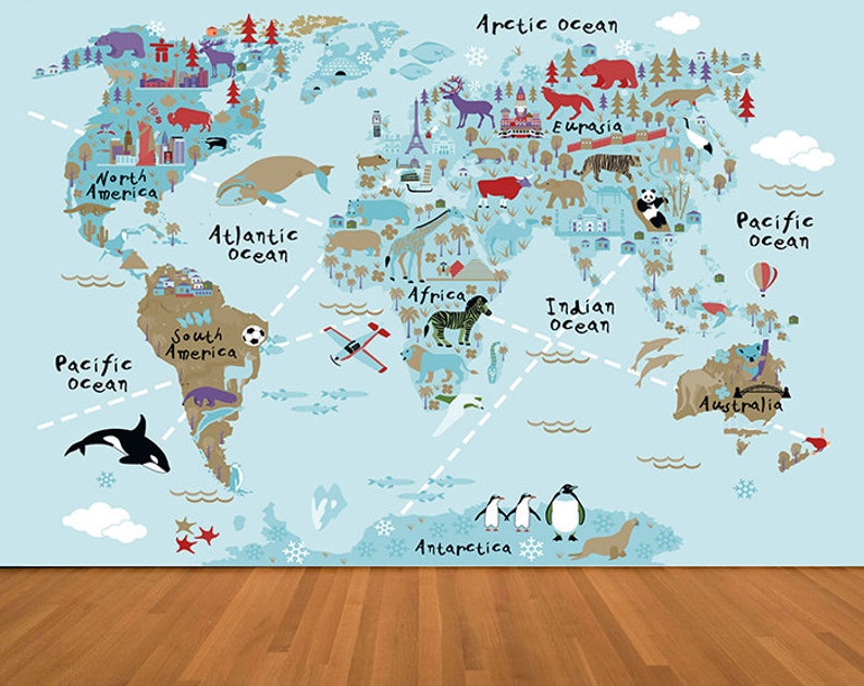 Wallpapers Map of the World Wall Decal World Map for Kids Wall Etsy