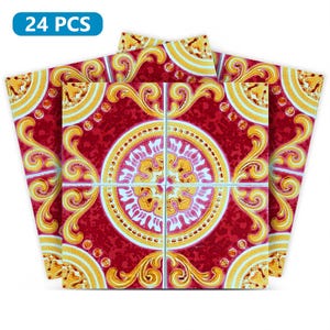 May include: 24 red and gold decorative tile stickers with a floral pattern. The tiles have a white centre with a pink and yellow floral design.