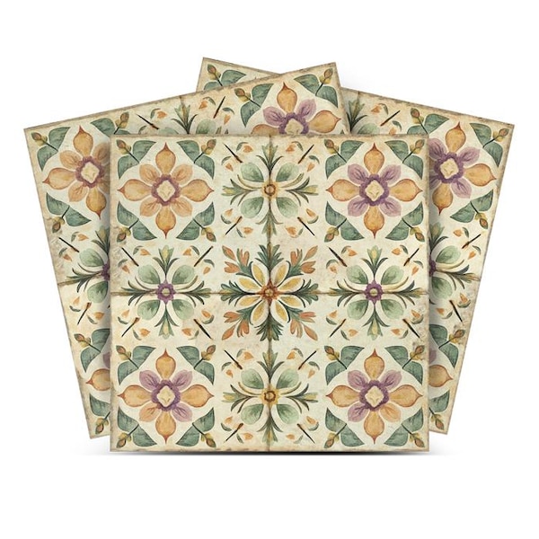 Självhäftande kakelplattor Slätfast trappsteg Vintage Grön blå persika Blomma Slätfast kakel Kökstrender Vintagedekor R340