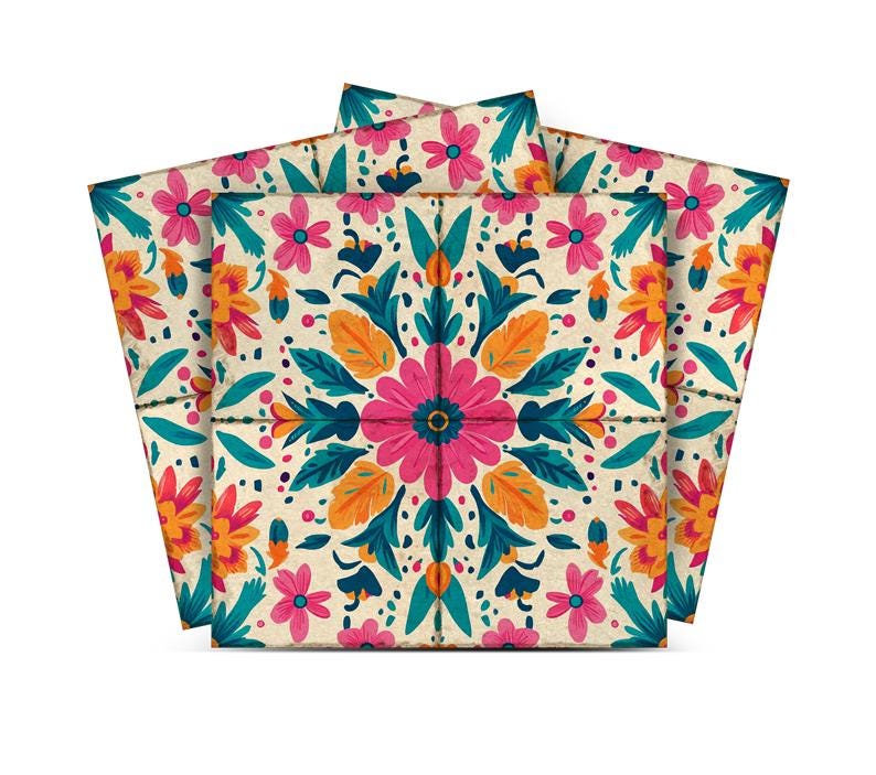 May include: Three colorful square coasters with a floral pattern in shades of pink, orange, teal, and white. The coasters have a vintage, distressed look.