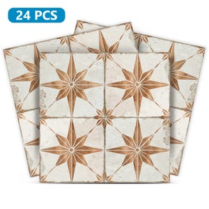 May include: A set of 24 peel and stick tile stickers featuring a white background with a brown starburst pattern.
