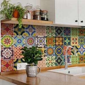 Black and white design 24 tile stickers Mexican Talavera style Splashback stickers mixed for walls Kitchen decals bathroom Stair decals C