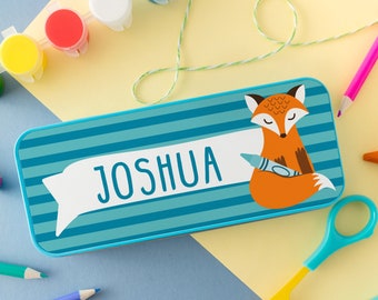 Personalised Fox Pencil Tin - Personalised Children's Metal Pen Holder - Blue Fox Pencil Case