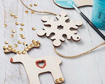 Set Of Paint Your Own Decorations - Wooden Christmas Ornaments - Reindeer/Dove/Snowflake