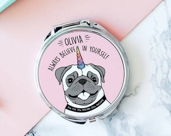 Unicorn Pug Compact Mirror - Personalised Unipug Pocket Mirror - Funny Pug Gift - Funny Pug Mirror