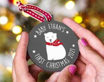 First Christmas Baby Polar Bear Bauble, Personalised Illustrated Christmas Decoration, Custom Baby Bauble