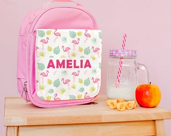 Personalised Flamingo Print Lunch Bag, Insulated Lunch Box, Name Lunch Bag for Kids Nursery Toddlers, Back to School Supplies