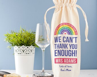Rainbow Thank You Wine Bag, Personalised Thank You Wine Gift, Fabric Wine Bag for Teacher