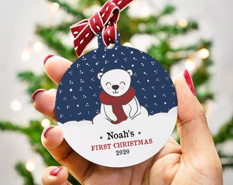 Baby's First Christmas Bauble - Polar Bear Bauble - Personalised Cute Illustrated Decoration - Custom Christmas Tree Ornament
