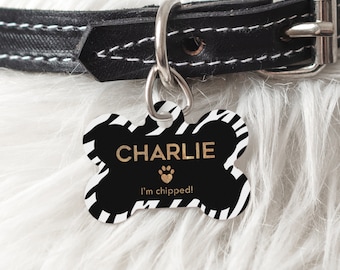 Doggy Bone ID Tag, Personalised Dog Tag For Collar, Zebra Print Pet Tag