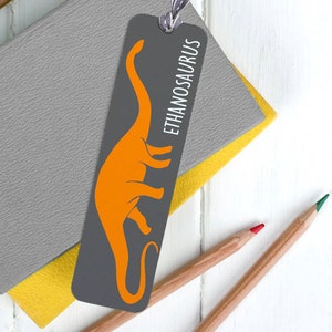 Personalised Dinosaur Bookmark, Dinosaur Lover Gift, Children's Bookmark, Back to School Accessories for Kids Orange