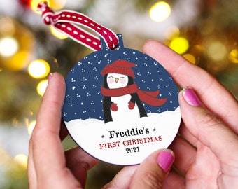 Personalised Baby's First Christmas Penguin Bauble, Illustrated Christmas Tree Decoration